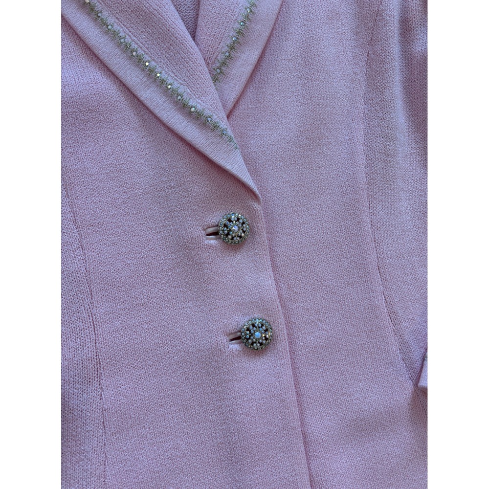 St. John Evening Marie Gray Pink Knit Skirt Suit Rhinestone Trim Blazer Set 6 - Picture 11 of 13